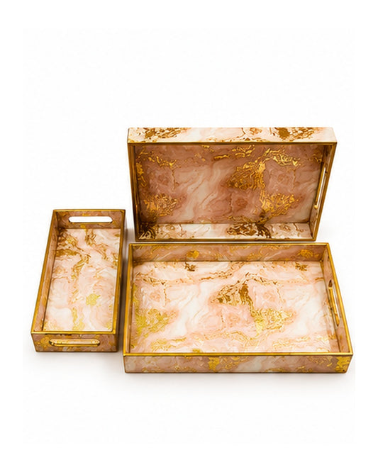 Blush pink marble-look tray set with box, 3 pieces