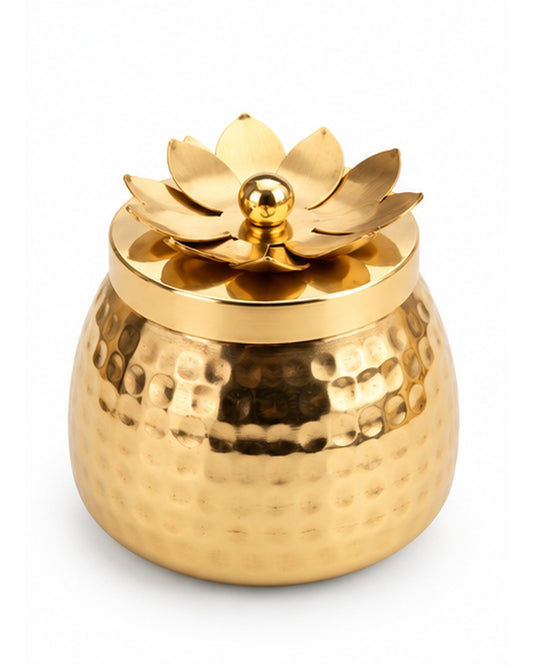 Hammered gold jar with lotus lid, lotus lid jar front