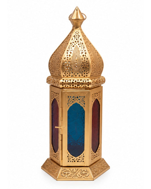 Gold jaali lanterns with coloured glass set of 3, tall lantern front