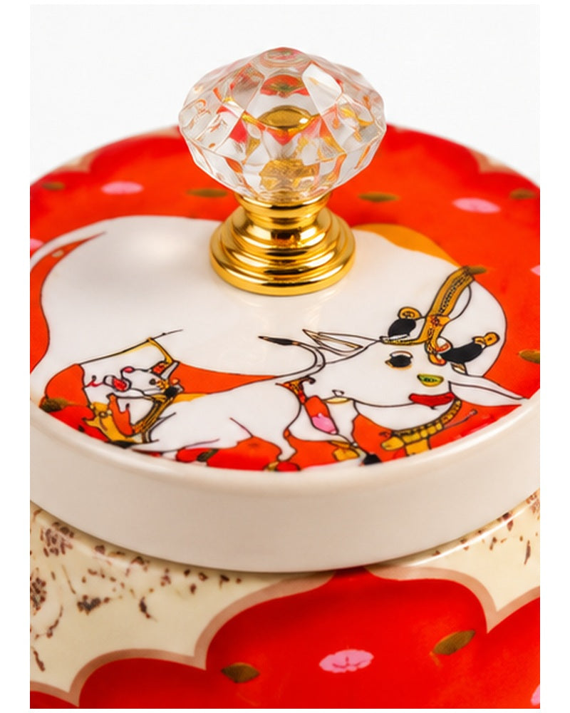 Pichwai Art Jar with Crystal-Look Knob – Red Pichwai Cow