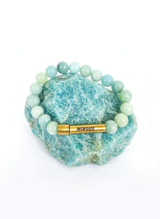 Aquamarine stone bracelet worn on wrist