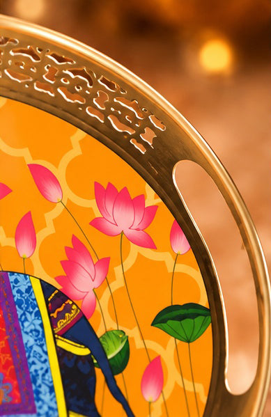 Yellow Pichwai elephant round trays set of 2, close-up detail