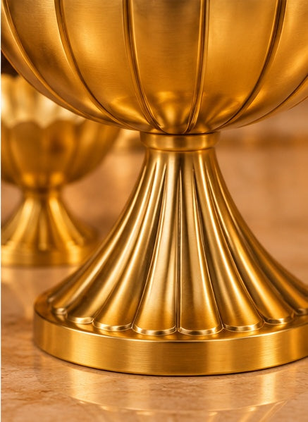 Scalloped gold pedestal bowls set of 3, styled view