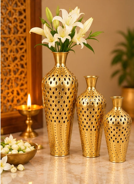 Perforated gold vases set of 3, styled view