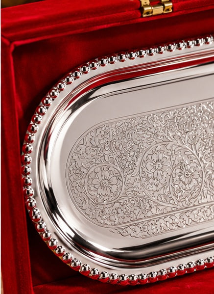 Silver dry fruit bowl set with oval tray and spoons in velvet box