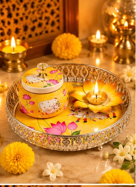 Pichwai puja thali set with jar and lotus diya, Yellow Cow & Lotus, styled in a festive setting