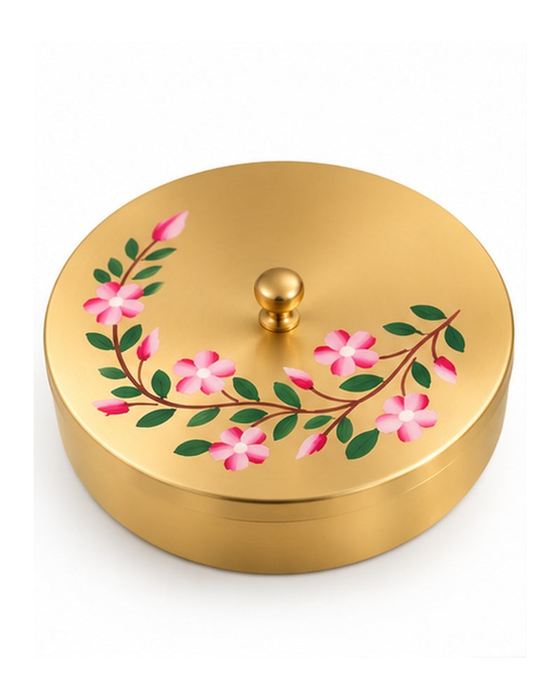 Brass masala dabba with pink floral painted lid, closed