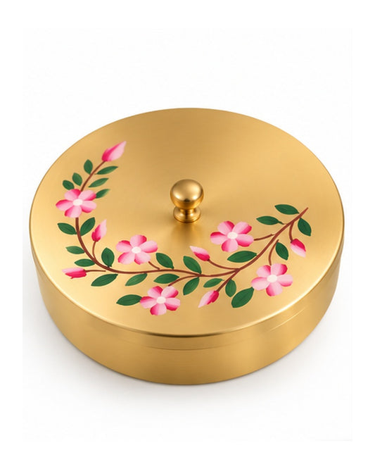 Brass masala dabba with pink floral painted lid, closed