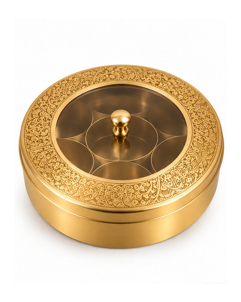 Brass masala dabba with see-through lid and engraved rim, closed
