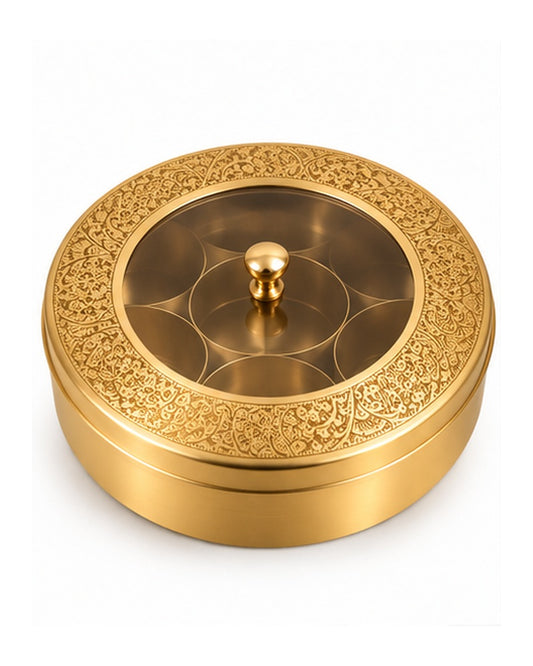 Brass masala dabba with see-through lid and engraved rim, closed