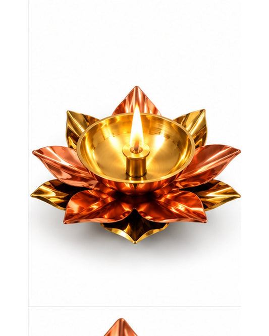 Copper and brass lotus diya, front angle lit