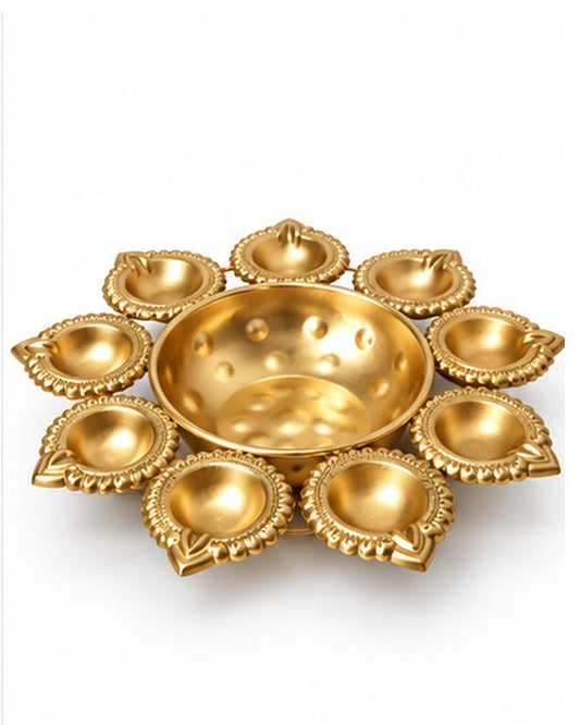 Brass lotus multi-diya platter, front angle