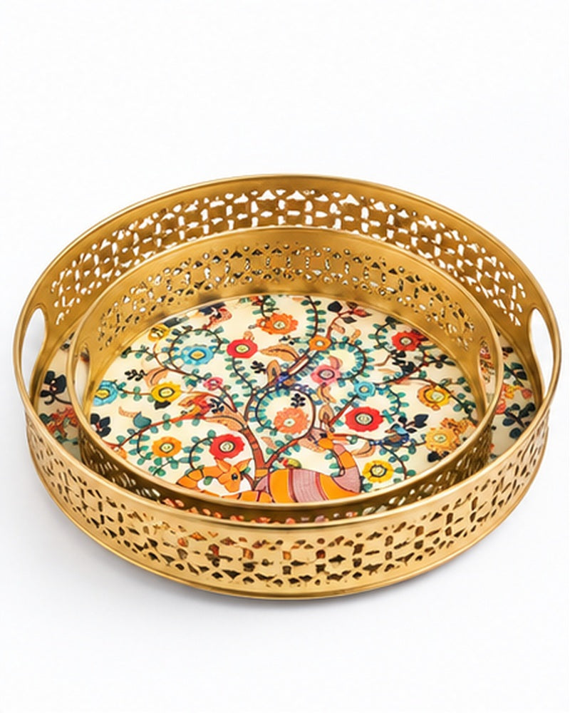 Round floral print tray with gold jaali rim, front angle