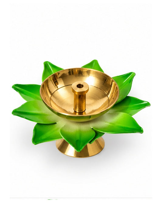 Green lotus brass diya, front angle