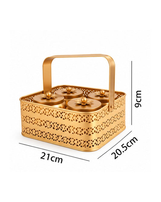 Gold jaali basket with 4 hammered jars, size 21 x 20.5 x 9 cm