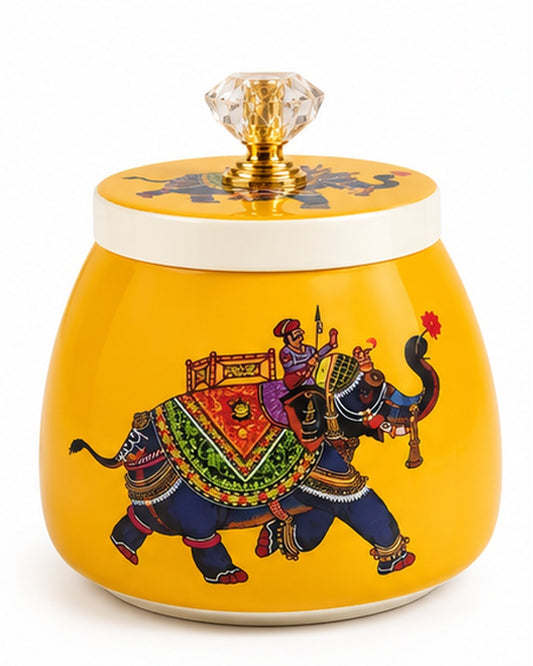 Pichwai art jar, Yellow Royal Elephant, front view