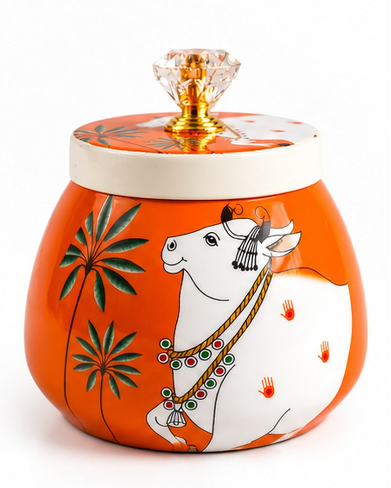 Pichwai art jar, Orange Cow, front view