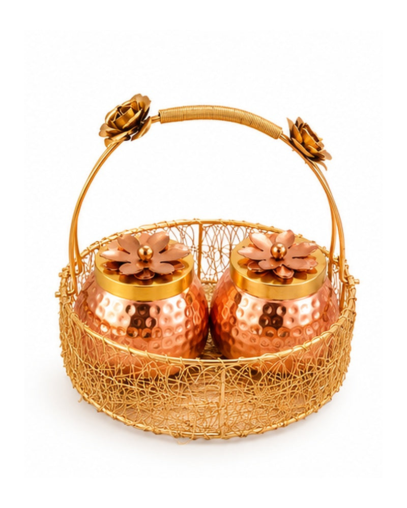 Rose handle basket with 2 copper-tone jars, front view