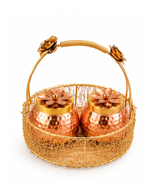 Rose handle basket with 2 copper-tone jars, front view