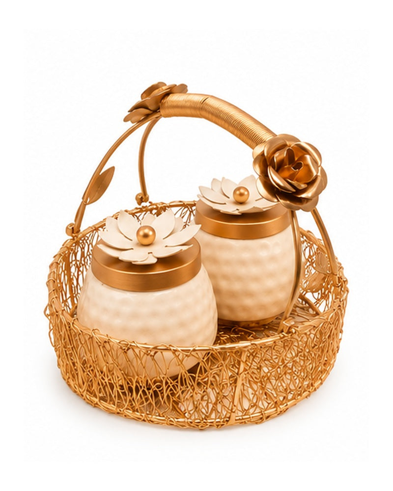 Rose handle basket with 2 white blossom jars, front view