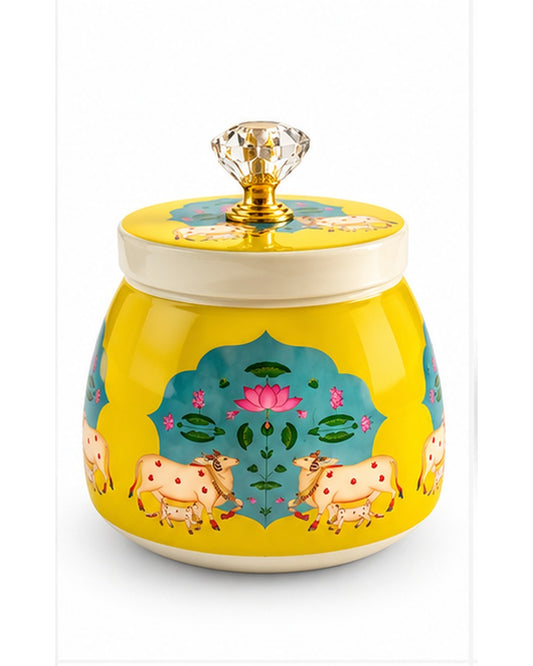 Pichwai art jar, Yellow Cow & Lotus, front view
