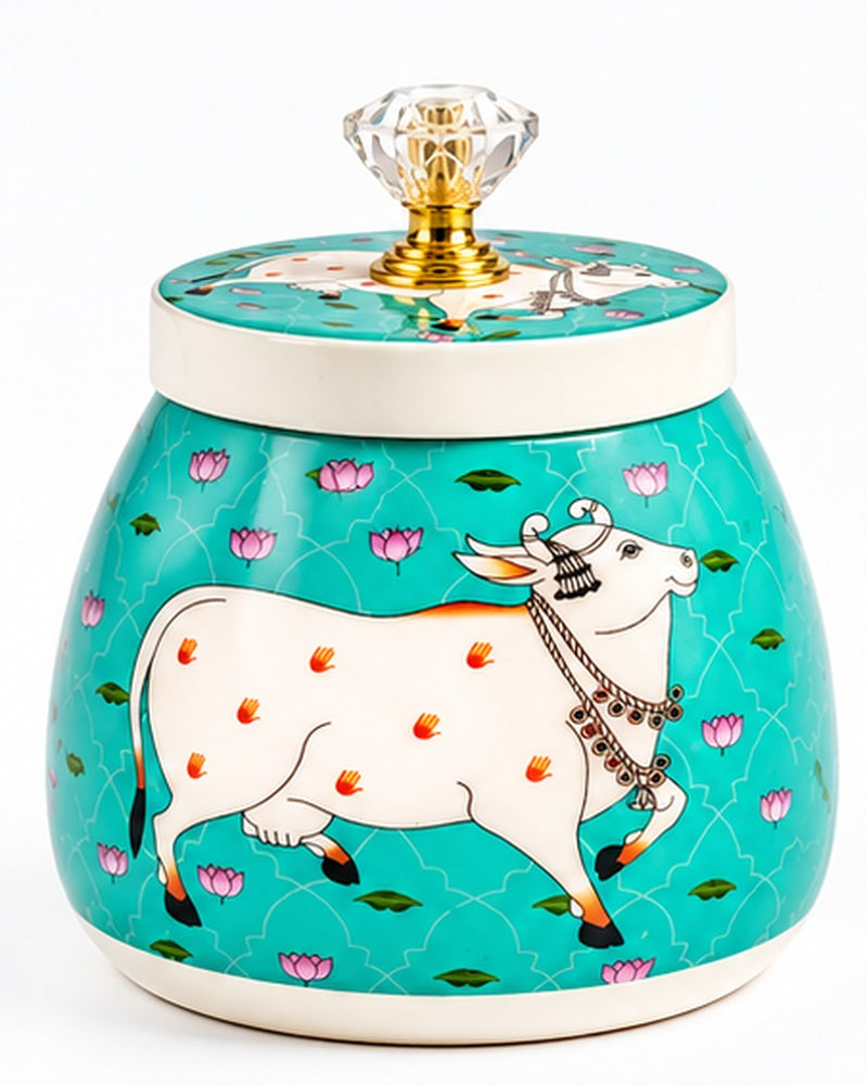 Pichwai art jar, Turquoise Cow & Lotus, front view