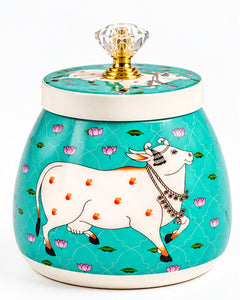 Pichwai Art Jar with Crystal and Turquoise Cow-Look Knob