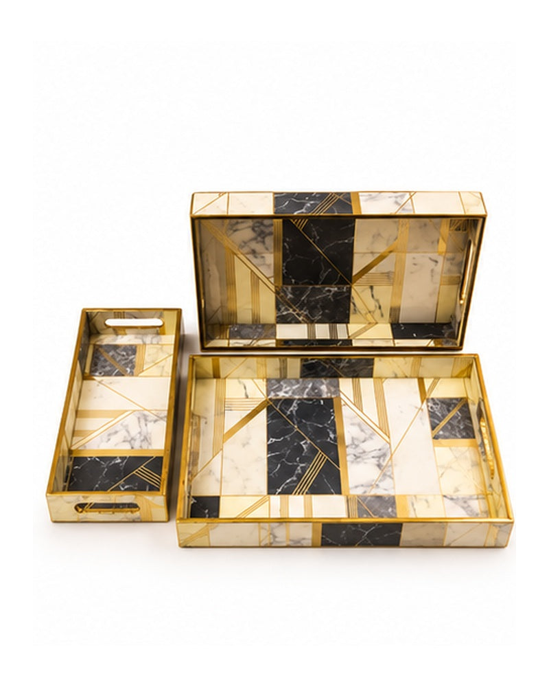Black and white marble-look tray set with box, 3 pieces