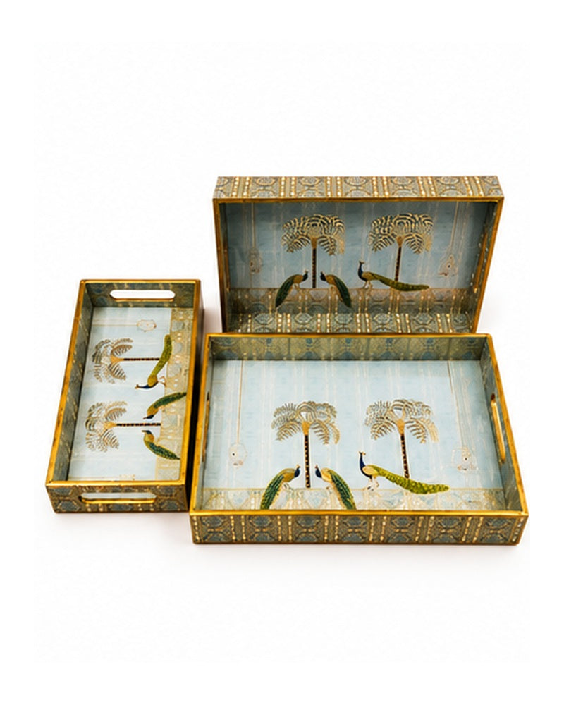 Pichwai palm and peacock tray set with box, 3 pieces