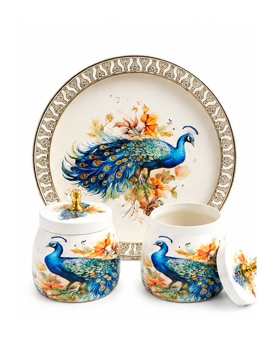 Peacock print platter with two matching jars, full gift set