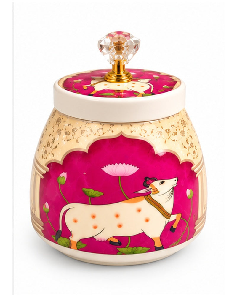 Pichwai art jar, Magenta Cow, front view