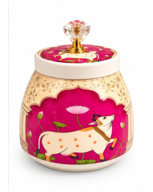 Pichwai art jar, Magenta Cow, front view