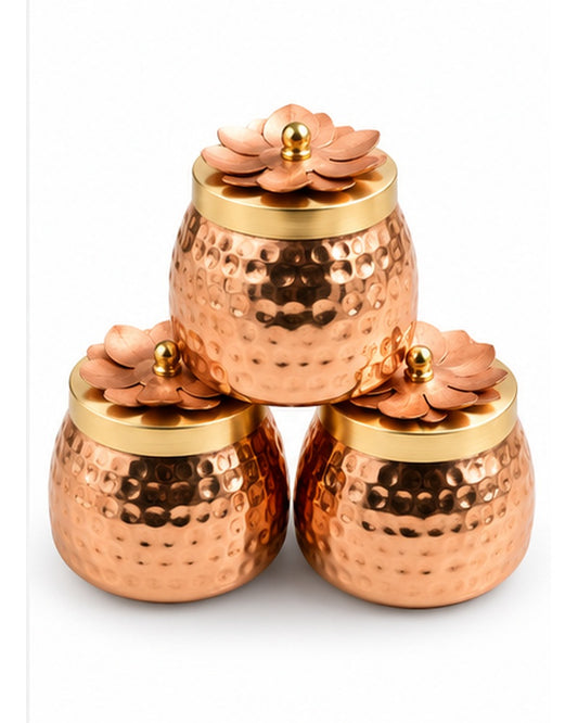 Hammered copper-tone jars set of 3, three copper jars