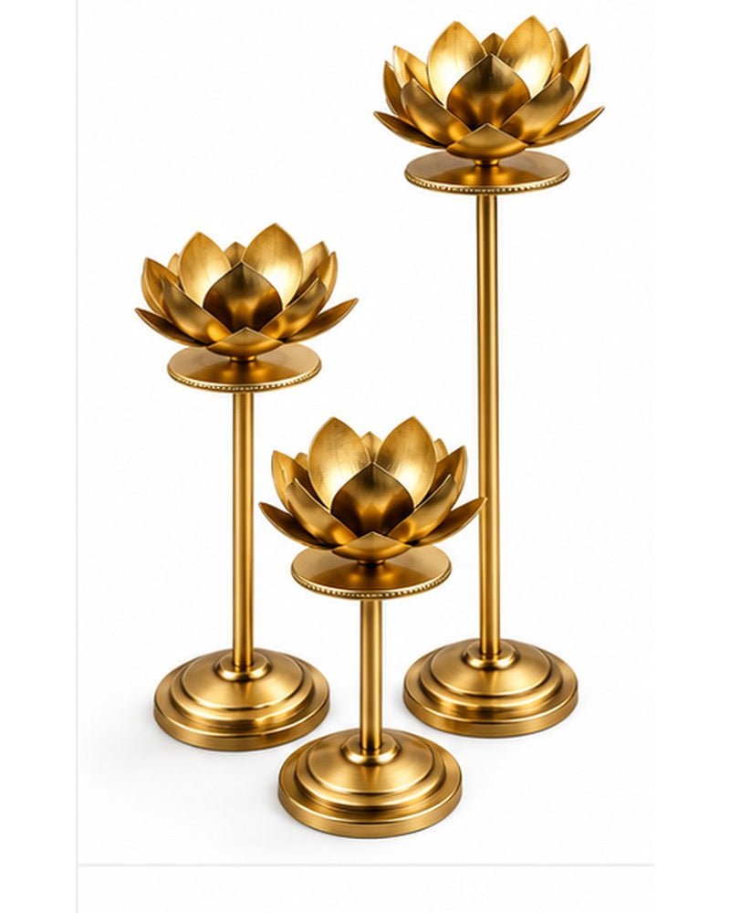 Gold lotus candle stands set of 3, three holders