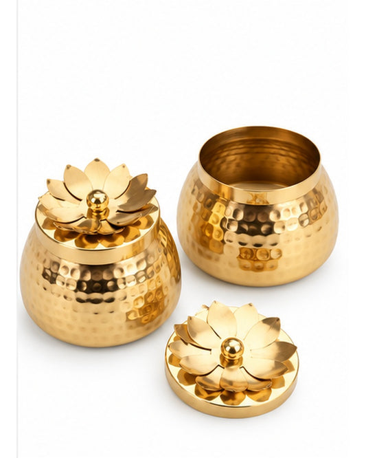 Hammered gold jar with lotus lid, closed and open views