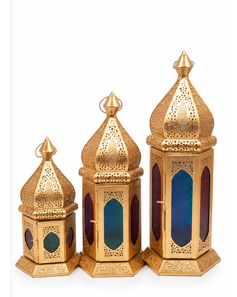 Gold jaali lanterns with coloured glass set of 3, three lanterns set