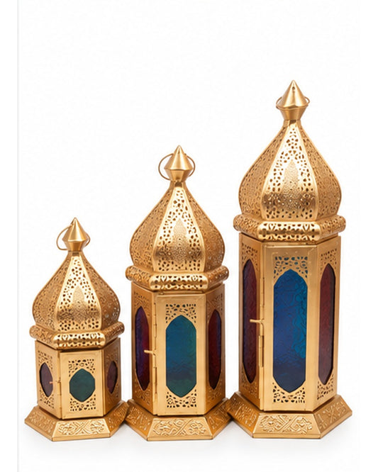 Gold jaali lanterns with coloured glass set of 3, three lanterns set