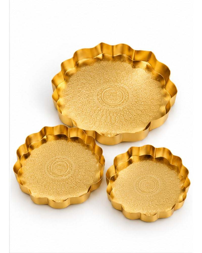 Gold scalloped mandala trays set of 3, three trays set