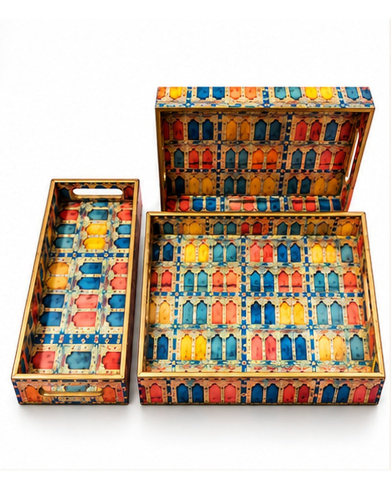 Jharokha print tray set with box, 3 pieces, open view