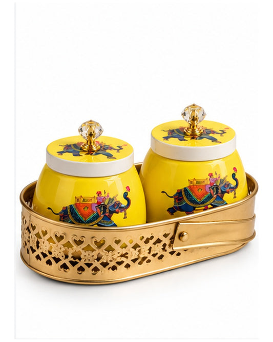Pichwai art jars set of 2 with jaali tray, Yellow Royal Elephant, two jar combo