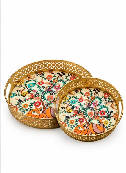 Tree of Life Folk Art Round Jaali Trays (Set of 2)