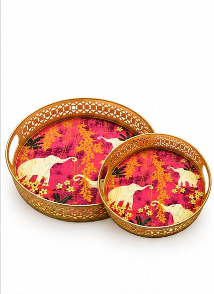 Pink elephant print round jaali trays set of 2, two tray set
