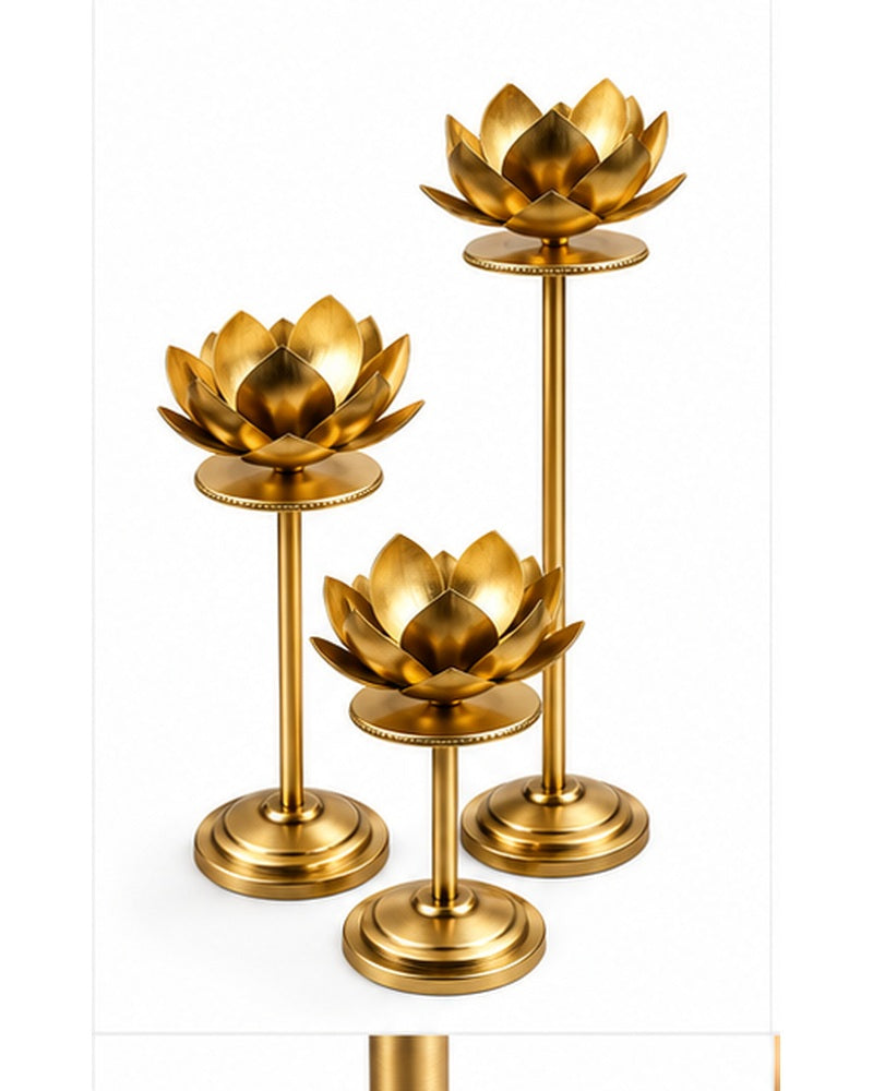 Gold lotus candle stands set of 3, arranged holders