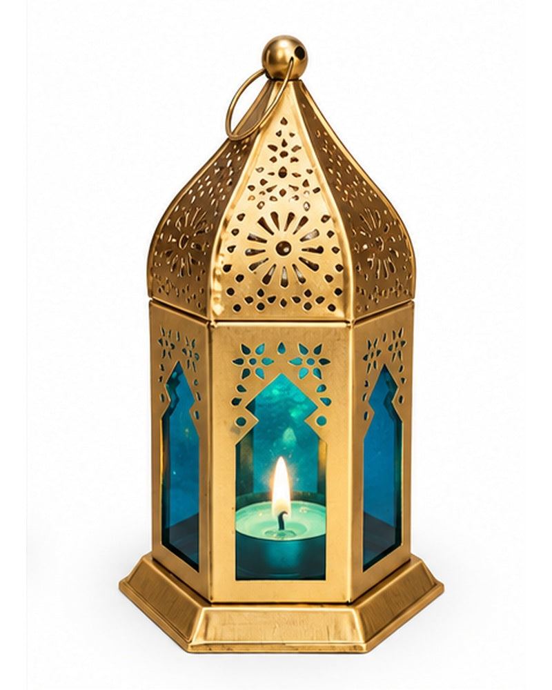 Gold jaali hanging lanterns set of 3, blue glass lantern