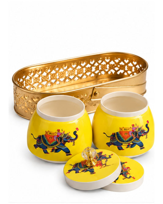 Pichwai art jars set of 2 with jaali tray, Yellow Royal Elephant, both jars open