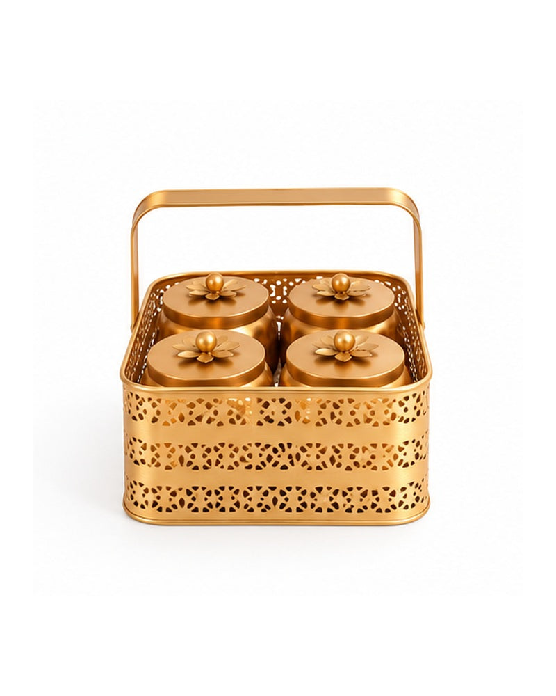 Front view of the gold jaali basket holding four jars