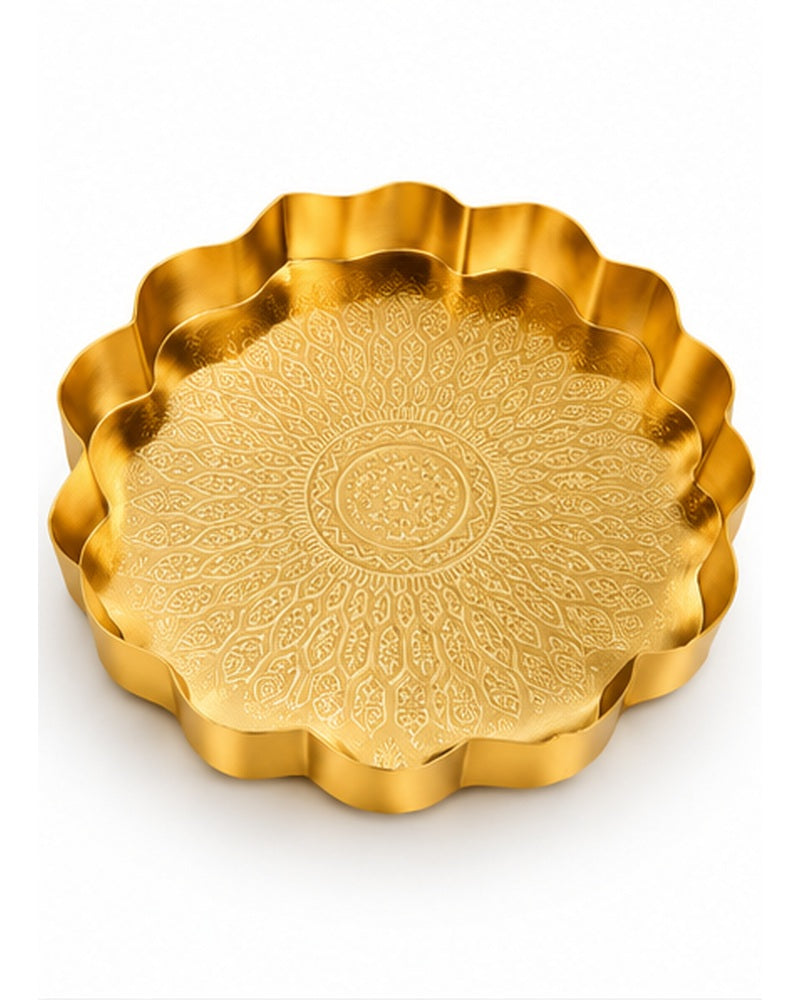 Gold scalloped mandala trays set of 3, large tray top view