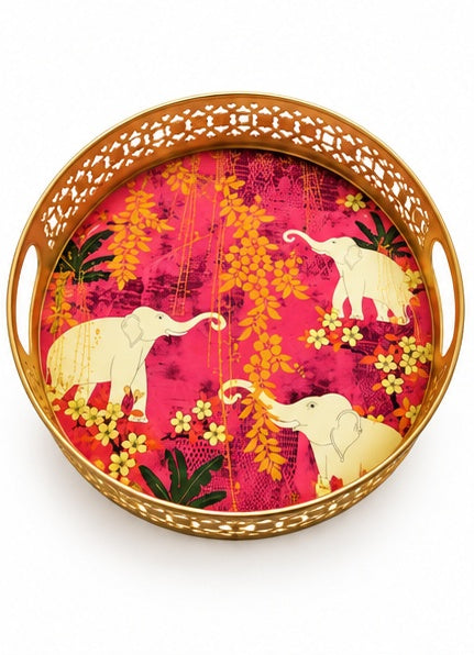 Pink elephant print round jaali trays set of 2, large tray top view
