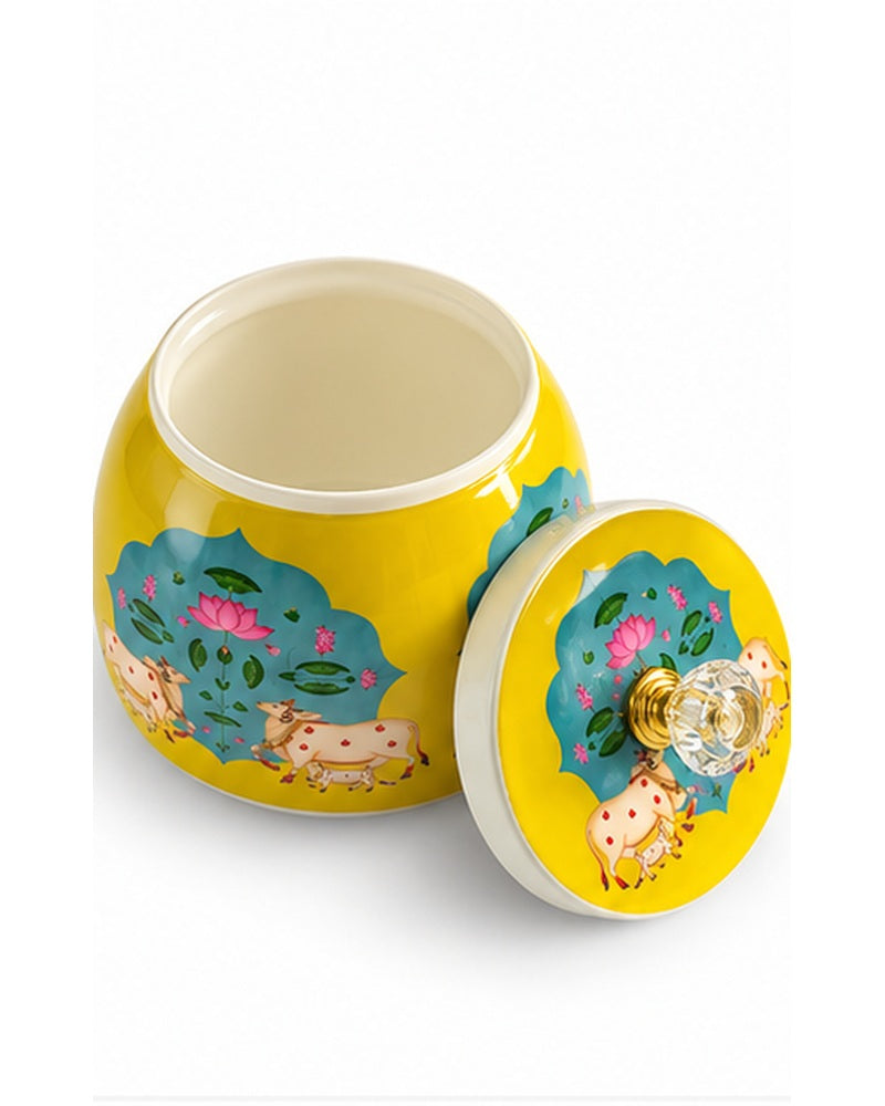 Pichwai art jar, Yellow Cow & Lotus, open jar and lid
