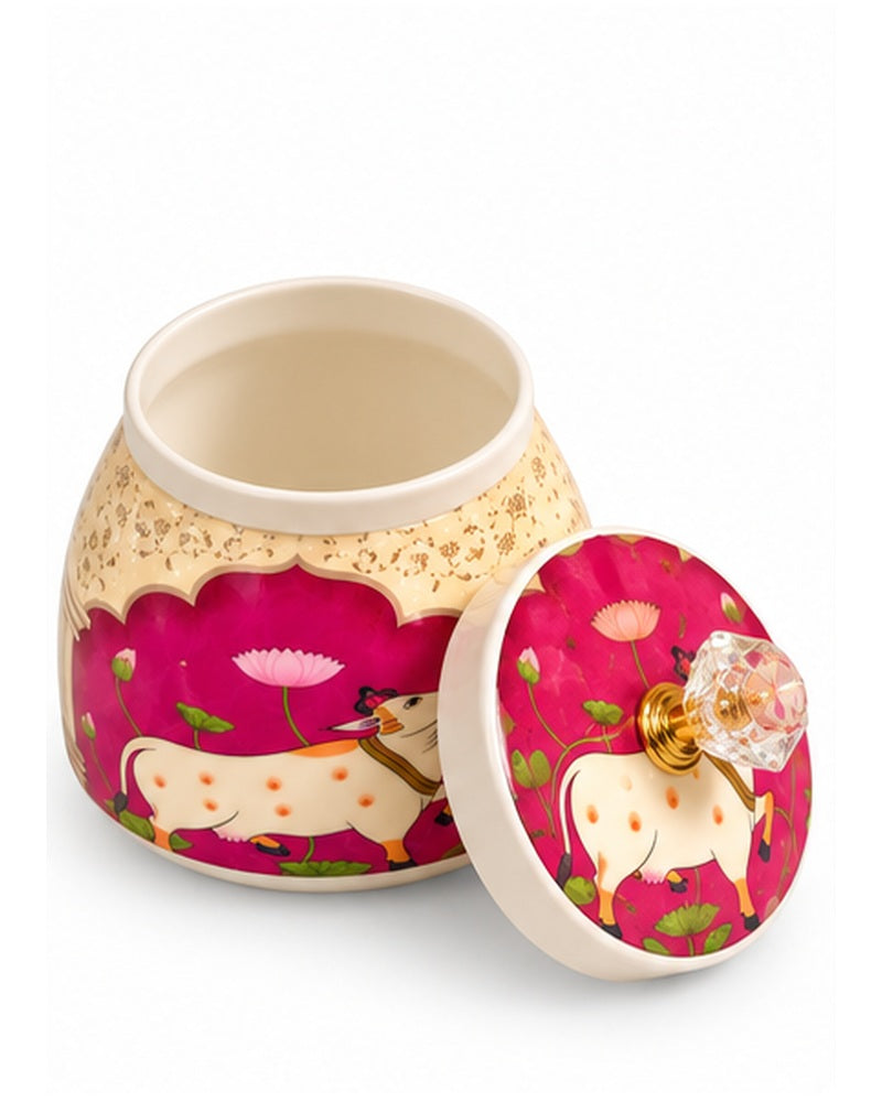 Pichwai art jar, Magenta Cow, open jar with lid